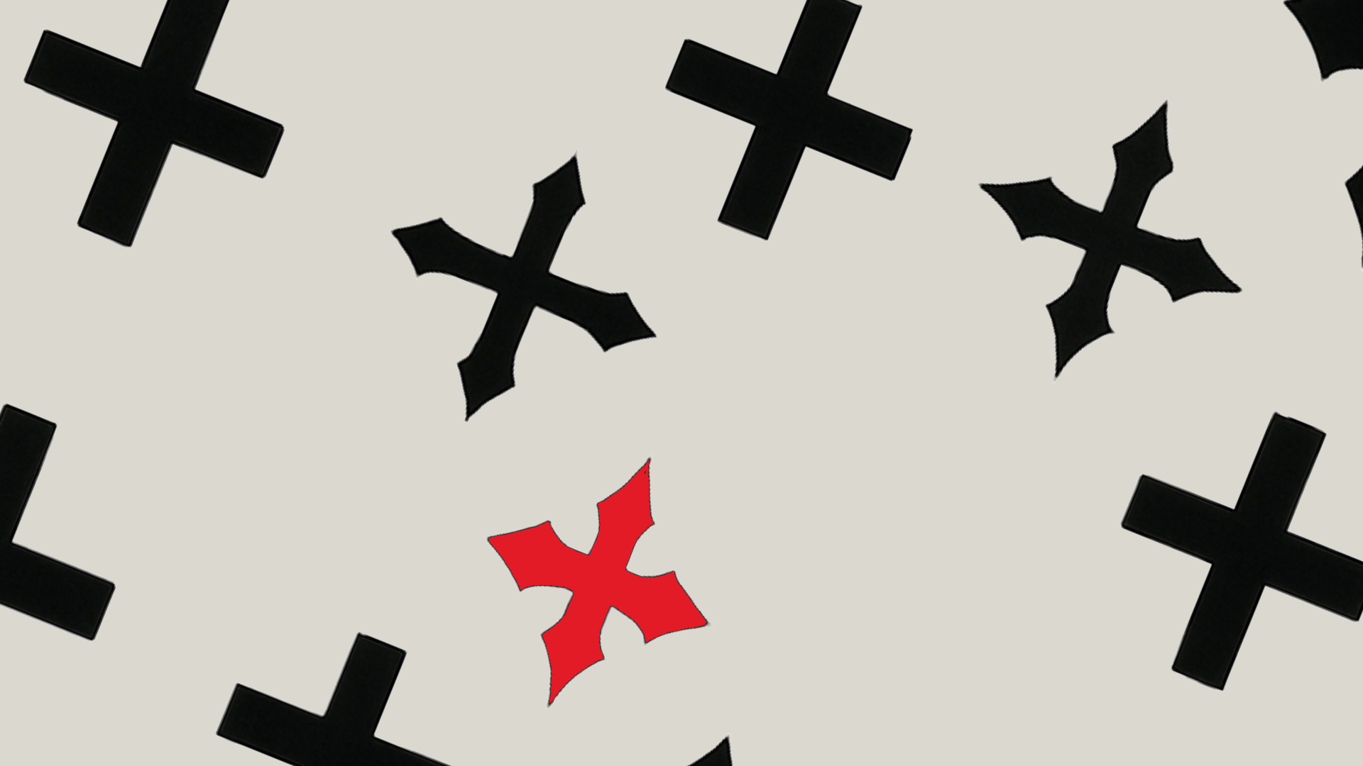 A pattern consisting of black and white crosses. One of them is red.